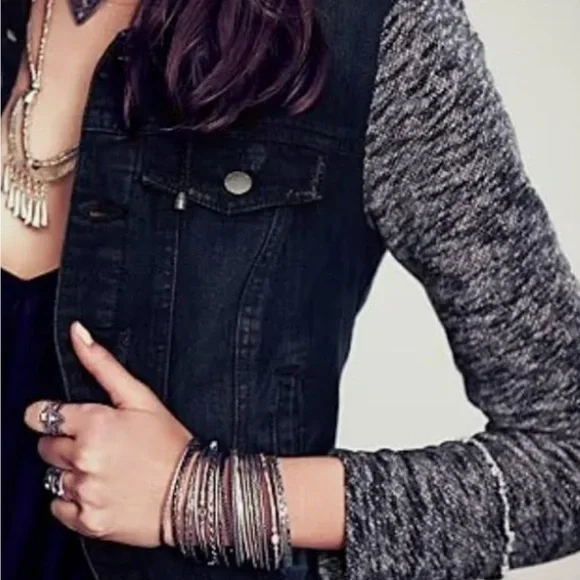 Free People Knit Hooded Denim Jacket Pumice Black Size S Distressed Women’s - Picture 7 of 14